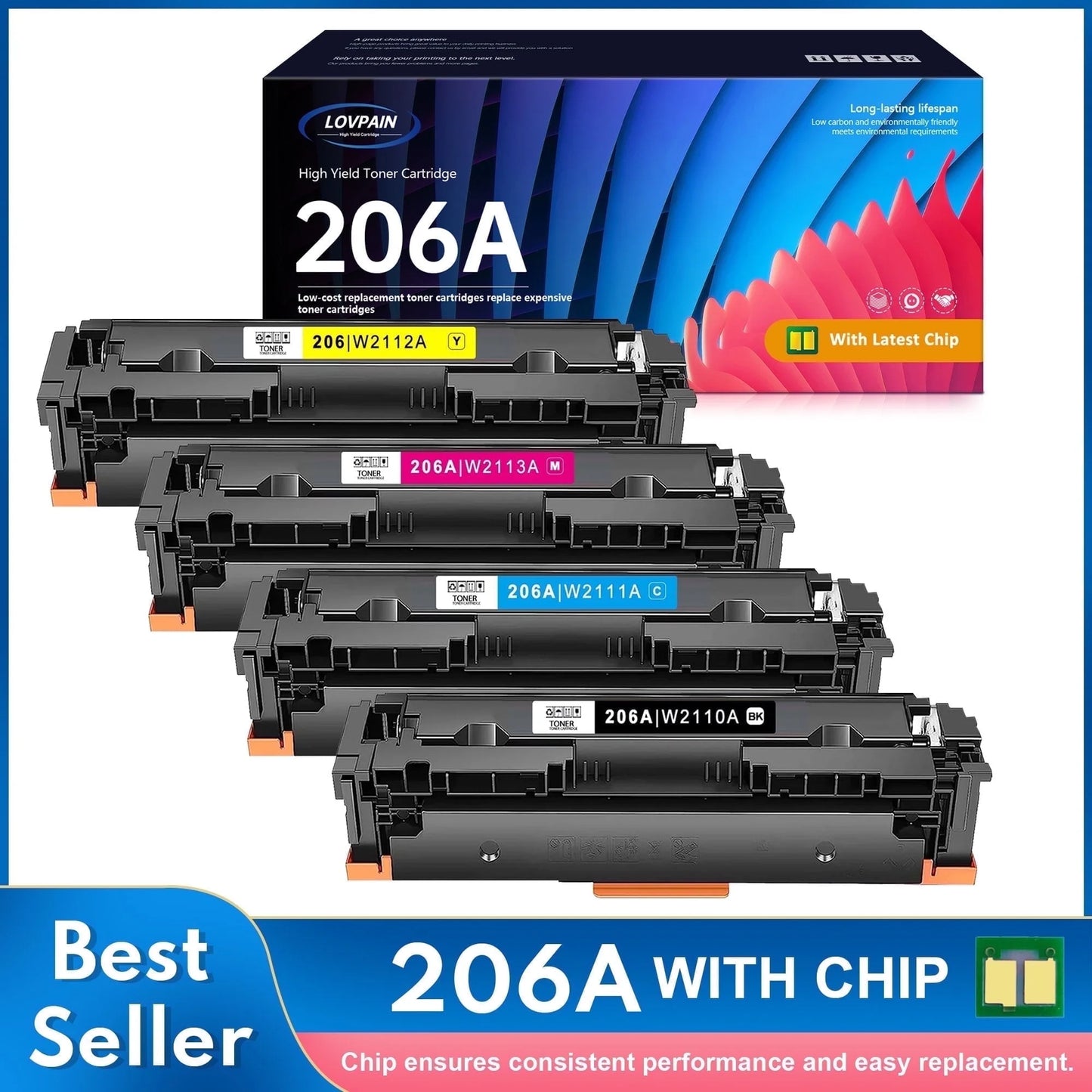 206A W2110A Toner With Chip Compatible for HP 206A Toner Cartridges 4 Pack for Color Laserjet Pro M255 M282 M283 Series Printer (Black Cyan Yellow Magenta)