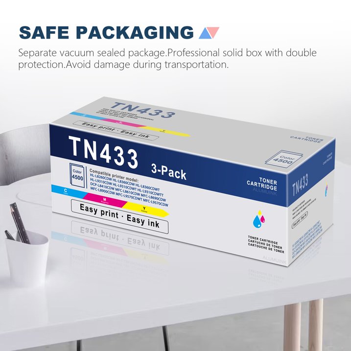 TN-433 High Yield Toner Cartridge- Replacement for Brother TN433 MFC-L8690CDW Printer (Cyan, Yellow, Magenta, 3 Pack)