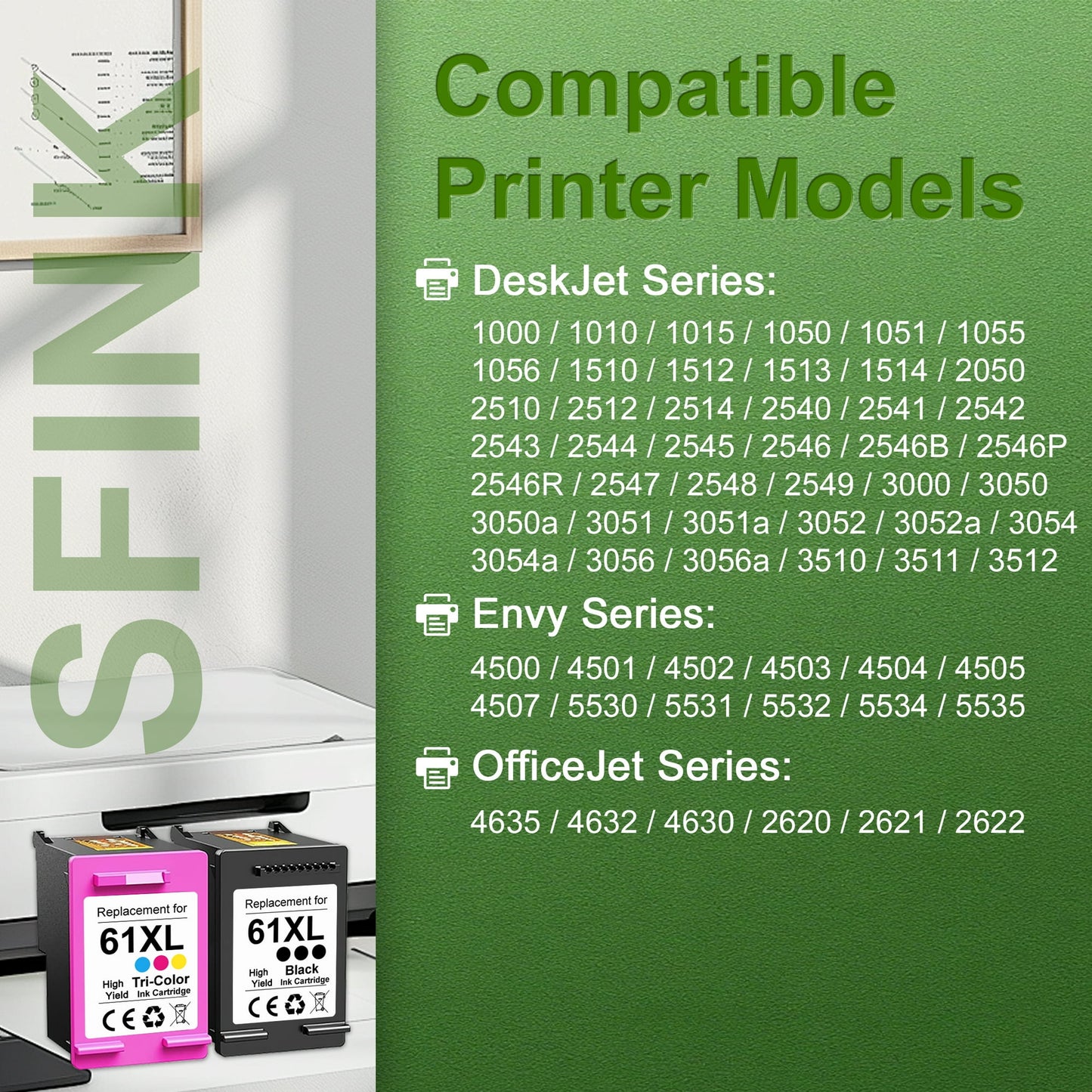 61XL Ink Combo Pack 2-Pack Black/Tri-color Compatible for HP 61 Ink Cartridges for Deskjet 1000 1010 2540 Envy 4500 4501 4502 Officejet 4630 4635 Printer