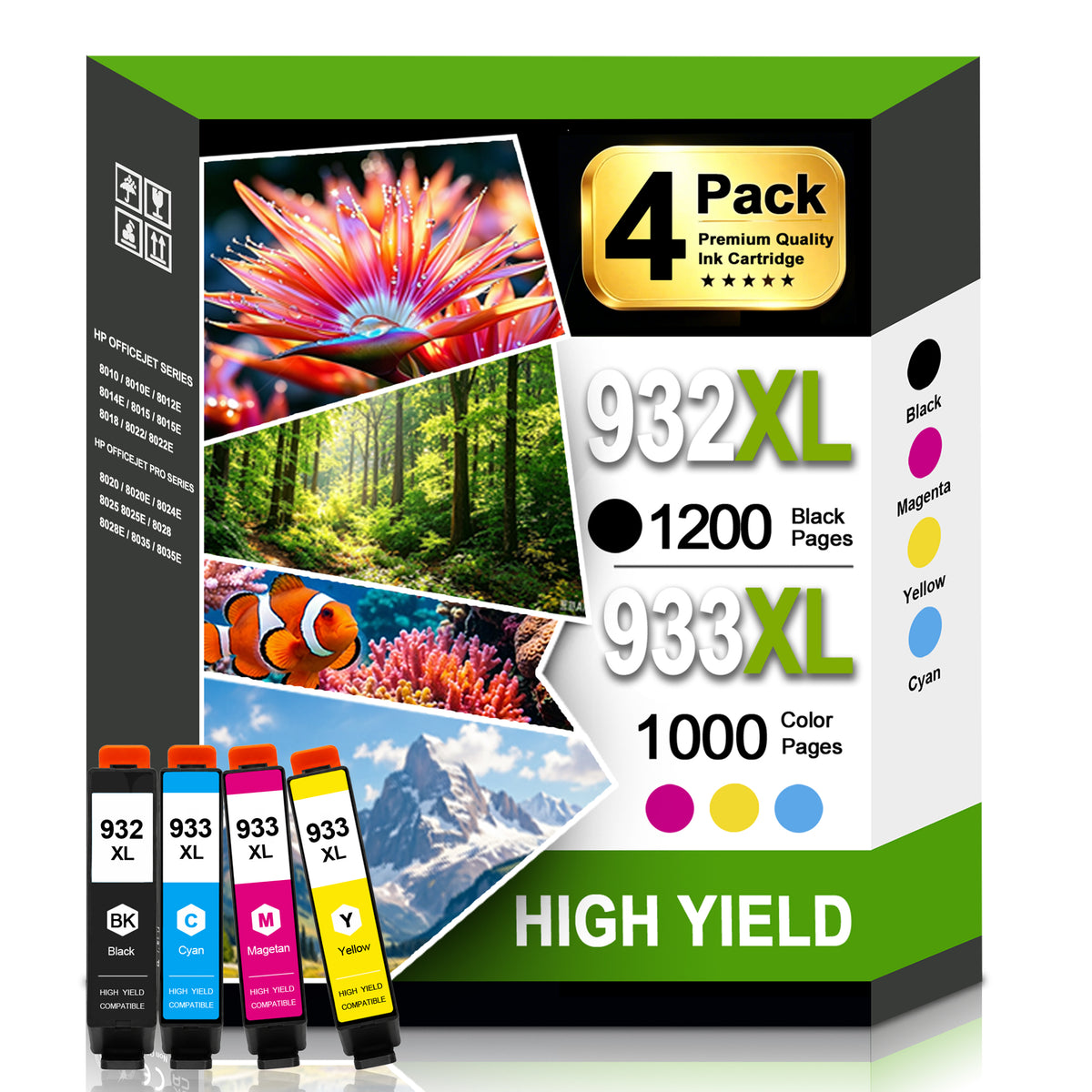 932XL 933XL Ink Cartridges Combo Pack Compatible for 932 933 Ink Cartridges Works with OfficeJet 7110 7510 7610 7612 Printers (4-Pack)