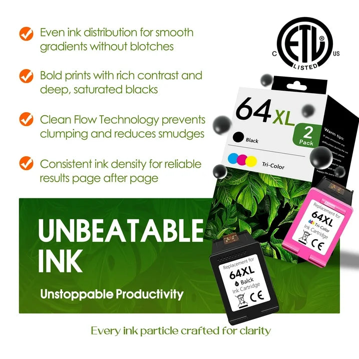 64XL Ink Cartridge Black Tri-Color Compatible for HP 64 Ink Cartridges for Envy 7855 7864 Printers