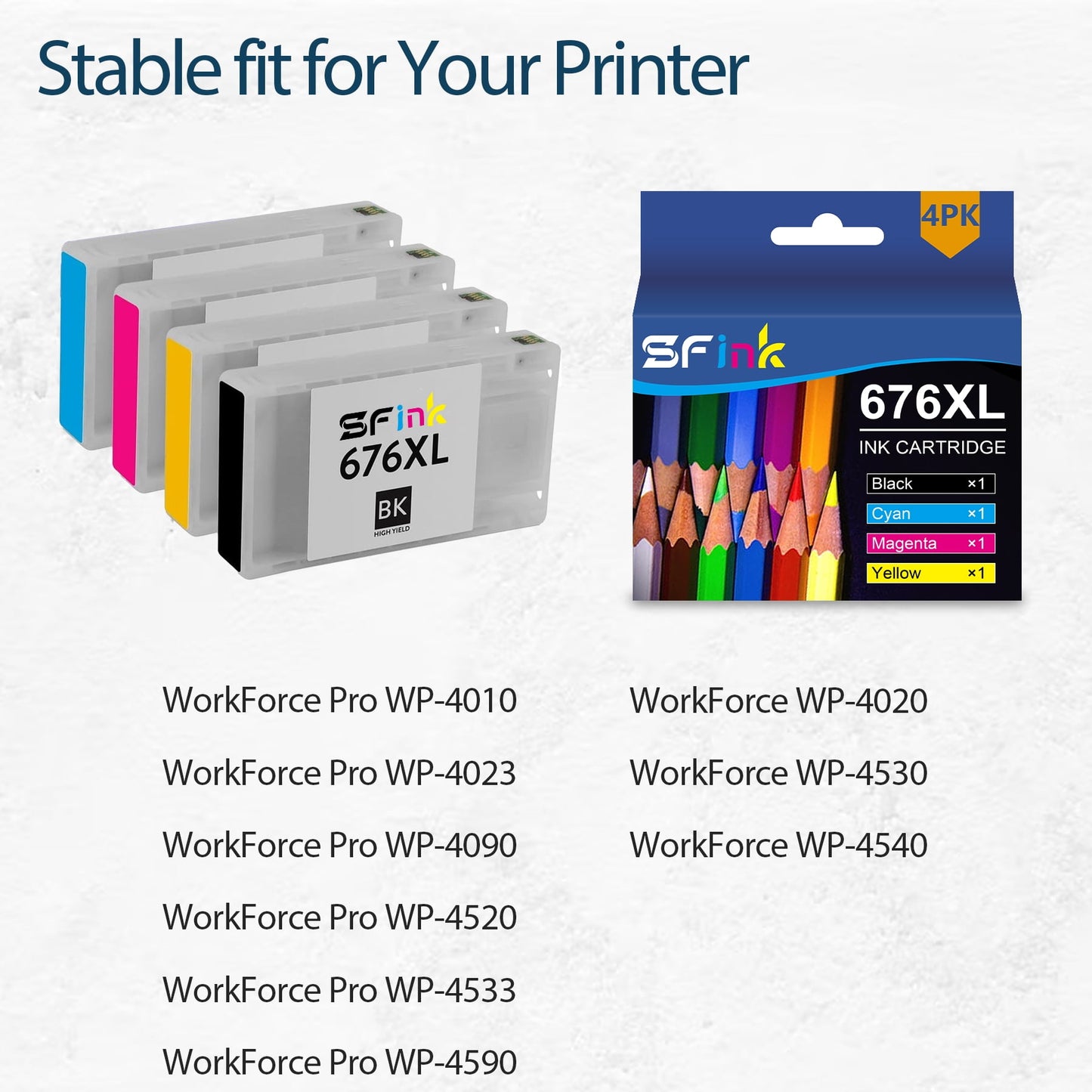 T676XL 676 XL Ink Cartridge Compatible for Epson 676XL Ink Cartridges for Workforce WP-4020 WP-4530 WP-4540 WP-4010 WP-4023 WP-4090 WP-4520 Printer (Black,Cyan,Magenta,Yellow)