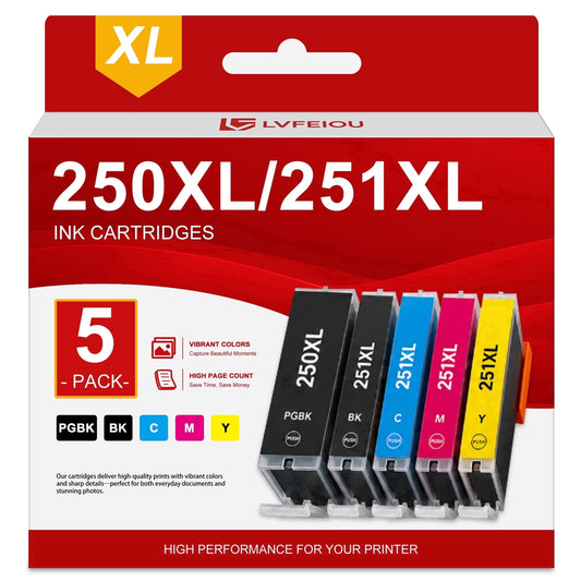 PGI-250XL CLI-251XL Ink Cartridges Compatible for Canon 250 251 Ink 250XL 251XL Ink Cartridges for Canon Pixma MG5420 MG5622 MG6320 MX922 IP7220 IP8720 Printers (5 Pack)