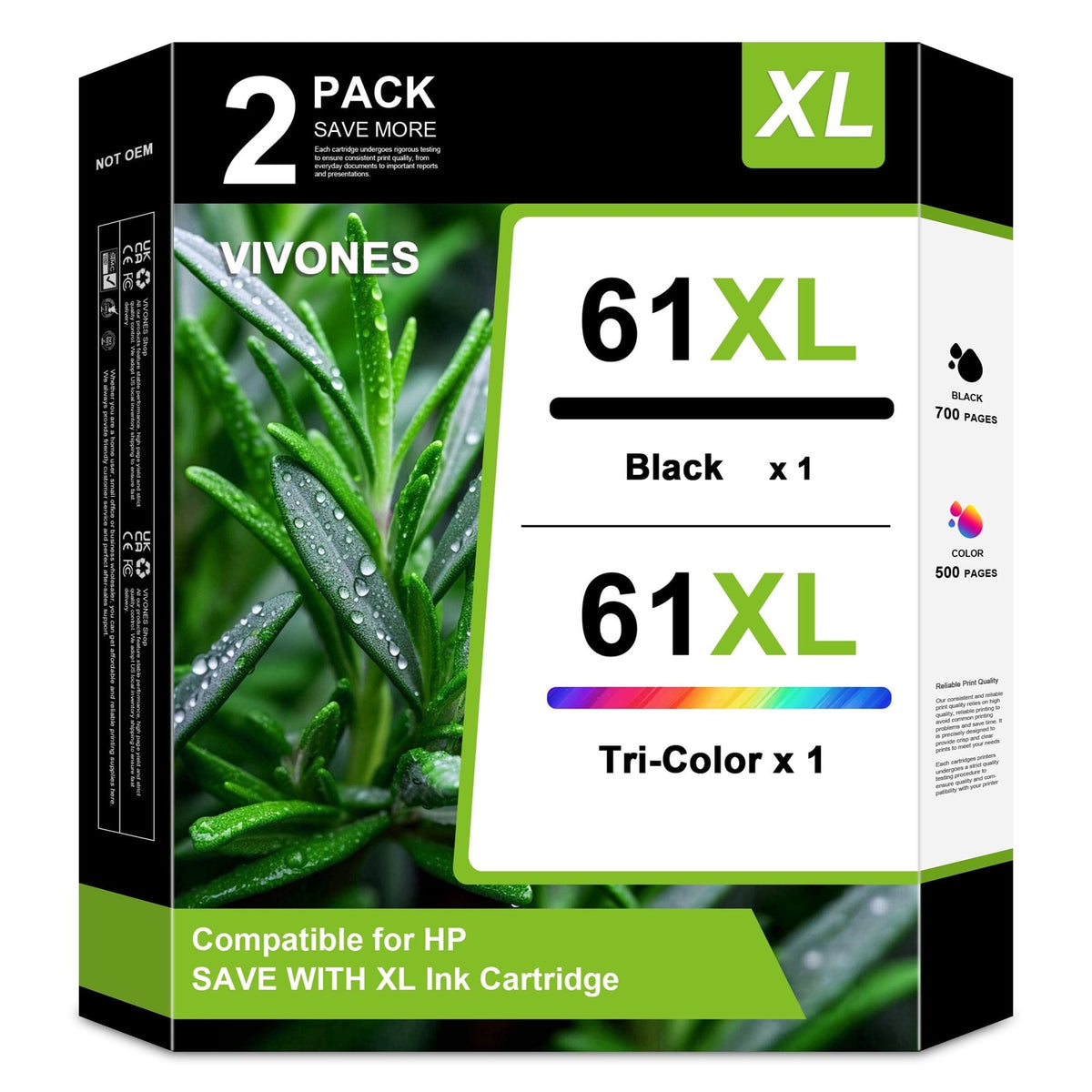 61XL Ink Cartridges Combo Pack Compatible for HP61 XL Ink Cartridge with Envy 4500 5530 4502 4501 5535 OfficeJet 4630 4635 DeskJet 2540 1000 1010 1510 (1 Tri-Color, 1 Black)
