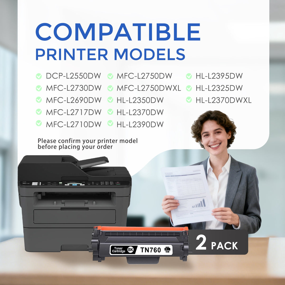 TN760 TN 760 Toner Cartridge Black 2-Pack Compatible for Brother TN760 TN 760 TN-760 TN730 TN 730 Toner for MFC-L2710DW MFC-L2750DW HL-L2370DW HL-L2395DW DCP-L2550DW Printer