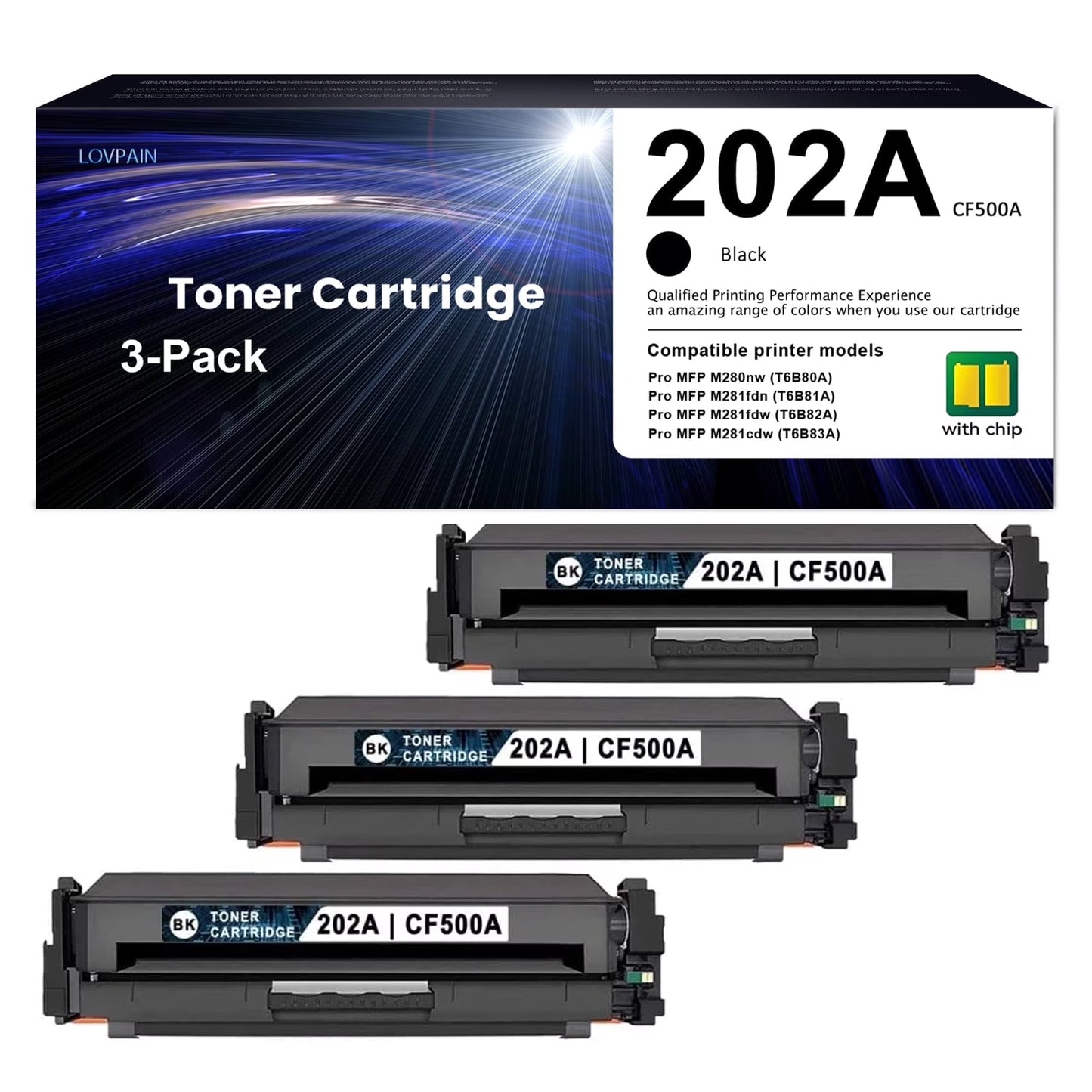 3-Pack Black High Yield 202A | CF500A Toner Cartridge Compatible for HP Color Pro MFP M280nw M281fdn M254dn Printer
