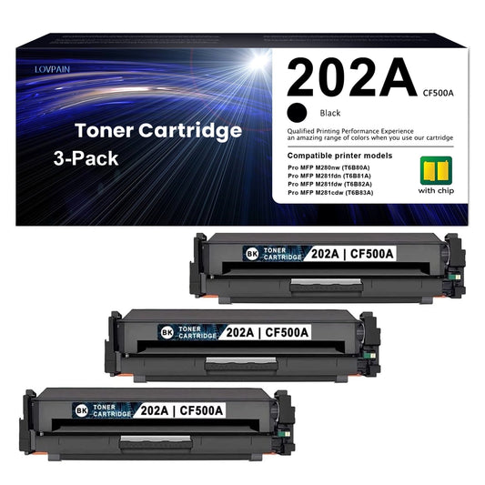 3-Pack Black High Yield 202A | CF500A Toner Cartridge Compatible for Color Pro MFP M280nw M281fdn M254dn Printer