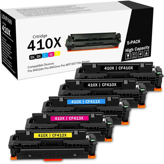 410X High-Yield Toner Cartridges Compatible for HP 410X 410A CF410X CF411X CF413X CF412X CF410A Toner Cartridges Pro MFP M477fnw M477fdw M452dn M477 M452 (5 Pack,2 Black/1 Cyan/1 Magenta /1 Yellow)
