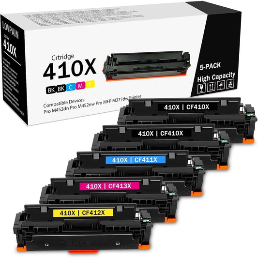 410X High-Yield Toner Cartridges Compatible for HP 410X 410A CF410X CF411X CF413X CF412X CF410A Toner Cartridges Pro MFP M477fnw M477fdw M452dn M477 M452 (5 Pack,2 Black/1 Cyan/1 Magenta /1 Yellow)