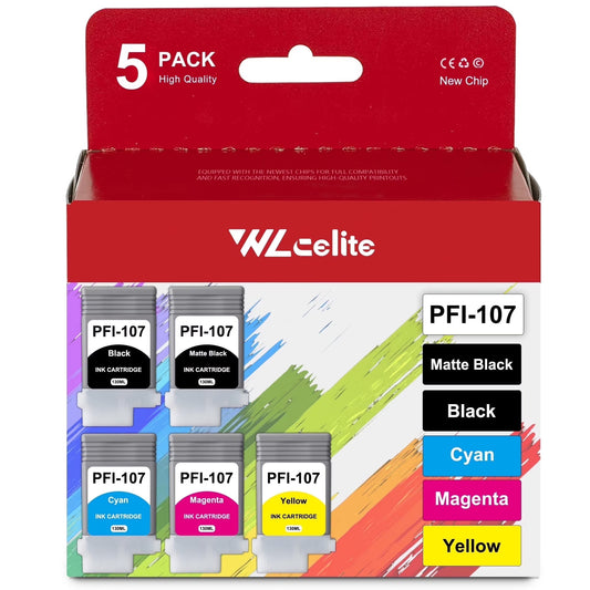 PFI 107 Ink Cartridge 130ml Replacement for Canon 107 Ink for iPF680 iPF685 Printer（5 Pack,1*Matte Black 1*BK 1*C 1*M 1*Y）
