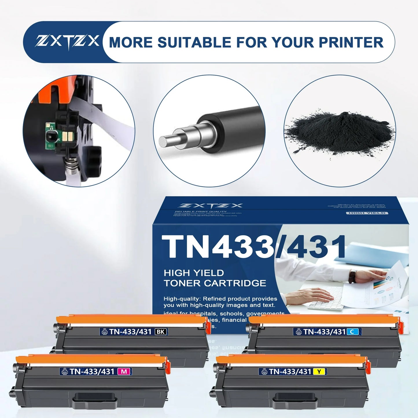 TN433 Toner Compatible for Brother TN433 TN431 Toner Cartridges for L8260CDWT L8610CDW Printer 4-Pack (Black Cyan Magenta Yellow)
