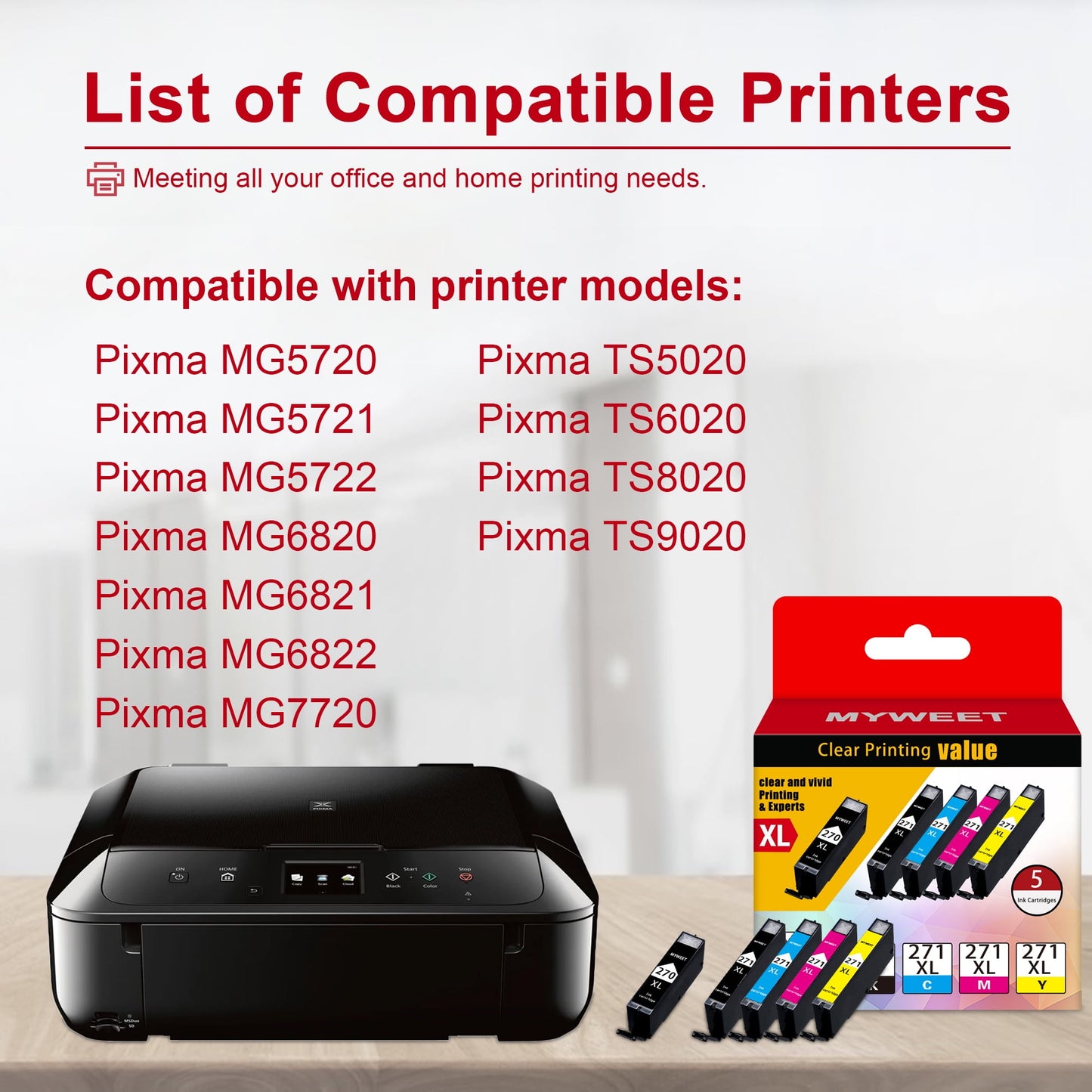 PGI-270XL CLI-271XL 5 Color Value Pack Ink Cartridge Compatible for Canon 270 271 Ink Cartridges for Canon Pixma MG5720, MG5721, MG5722, MG6820, TS5020, TS6020(PGBK, Black, Cyan, Magenta,Yellow）