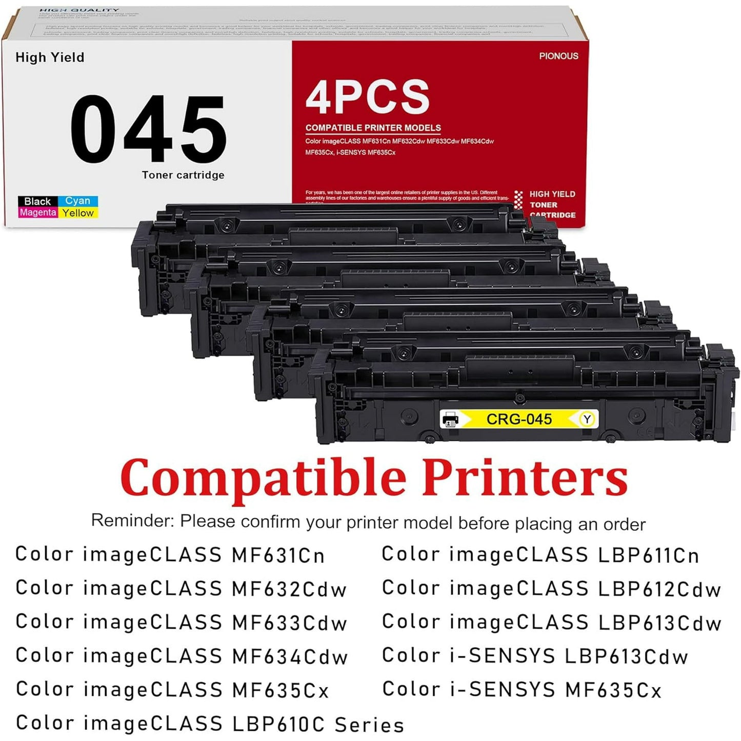 045 Toner Cartridge Set (4-Pack, Black, Cyan, Magenta, Yellow) Compatible CRG-045 Toner Replacement for Canon 045 Toner Cartridges Color imageCLASS MF631Cn MF632Cdw MF633Cdw MF634Cdw Printer