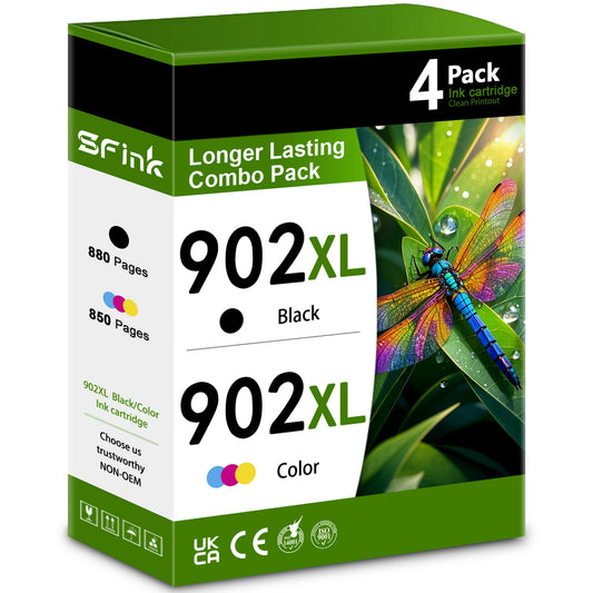 902XL Ink 4-Pack Combo Pack (1BK/1C/1M/1Y) Compatible for HP 902 Ink Cartridges for OfficeJet 6950 6960 OfficeJet Pro 6960 6970 Printers