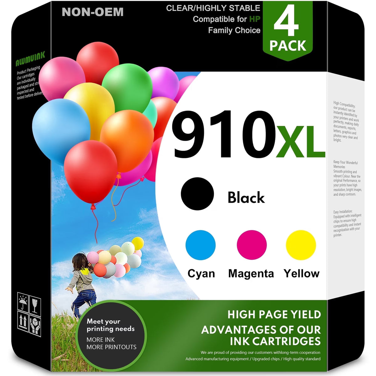 910XL Ink Cartridges Compatible for HP 910 910XL, High-Yield Replacement Ink Cartridge 4-Pack, Black Cyan Magenta Yellow, for OfficeJet 8015 and OfficeJet Pro 8025 8028 8034 8035 Printers