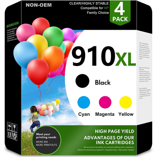910XL Ink Cartridges Compatible for HP 910 910XL, High-Yield Replacement Ink Cartridge 4-Pack, Black Cyan Magenta Yellow, for OfficeJet 8015 and OfficeJet Pro 8025 8028 8034 8035 Printers