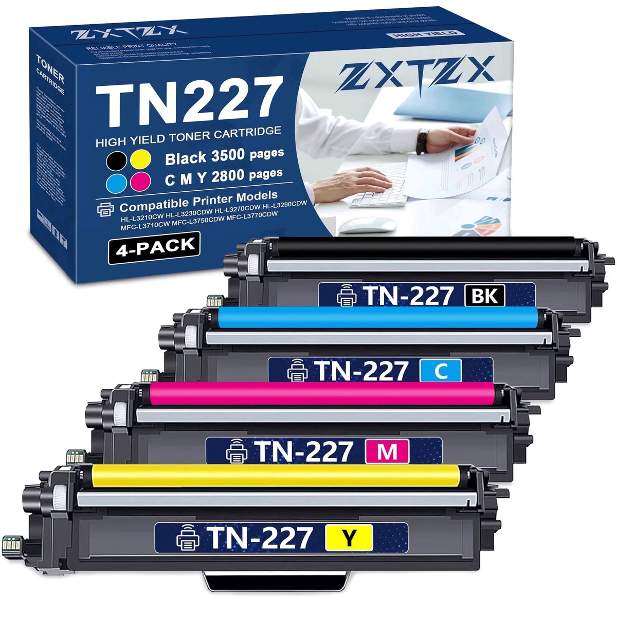 TN227 Toner Compatible for Brother TN227 Toner Cartridges Black Cyan Magenta Yellow Printer 4 Pack