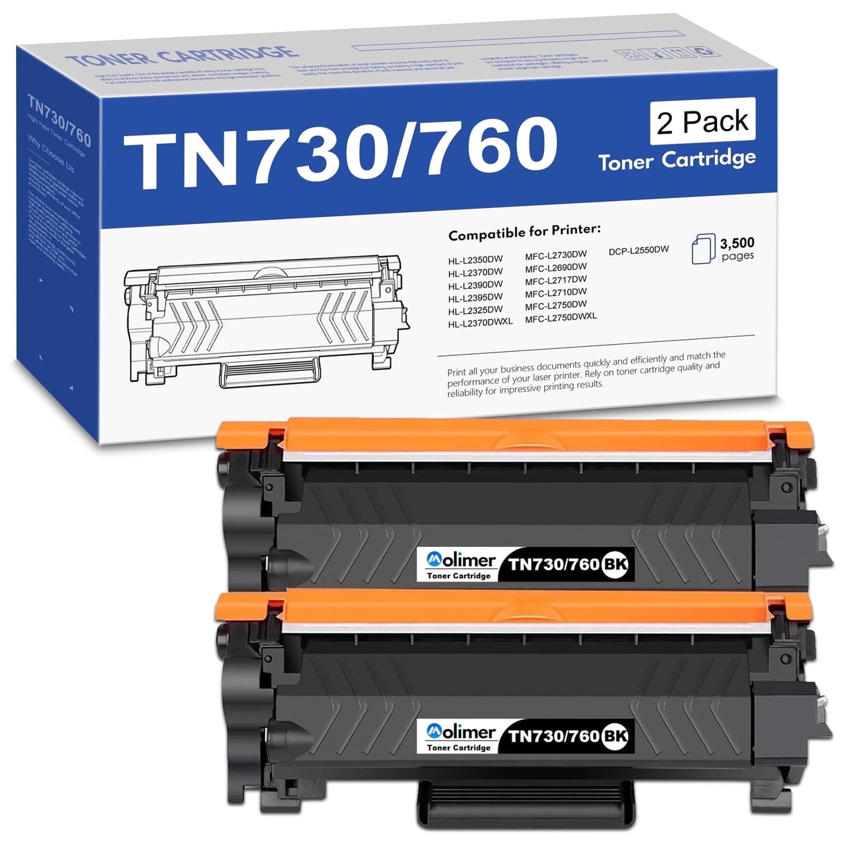 TN730/TN760 Toner Cartridge 2-Pack Black Compatible for Brother TN730 TN 730 TN-730 TN760 TN-760 TN 760 Toner Cartridges for MFC-L2710DW MFC-L2730DW HL-L2395DW HL-L2370DW DCP-L2550DW Printer