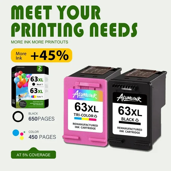 63XL 63 Ink Cartridges Compatible for HP63 XL Ink Cartridges Combo Pack Home Printer Deskjet 1112 2130 ENVY 4512 OfficeJet 5255(2-Pack)